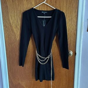 INC black dress with golden chained belt